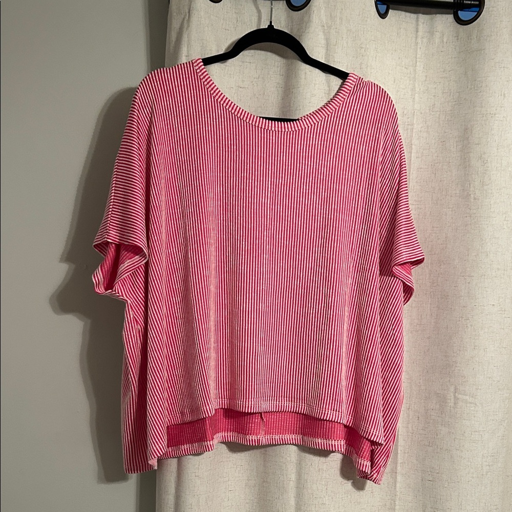 Zenana Outfitters Pink & White Striped Relaxed Short Sleeve Top